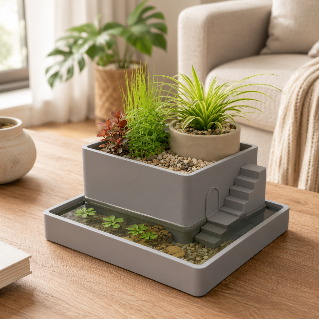3D Printed Paludarium Planter | Mini Indoor Paludarium with Water Reservoir | Decorative Desktop Planter for Aquatic & Terrestrial Plants