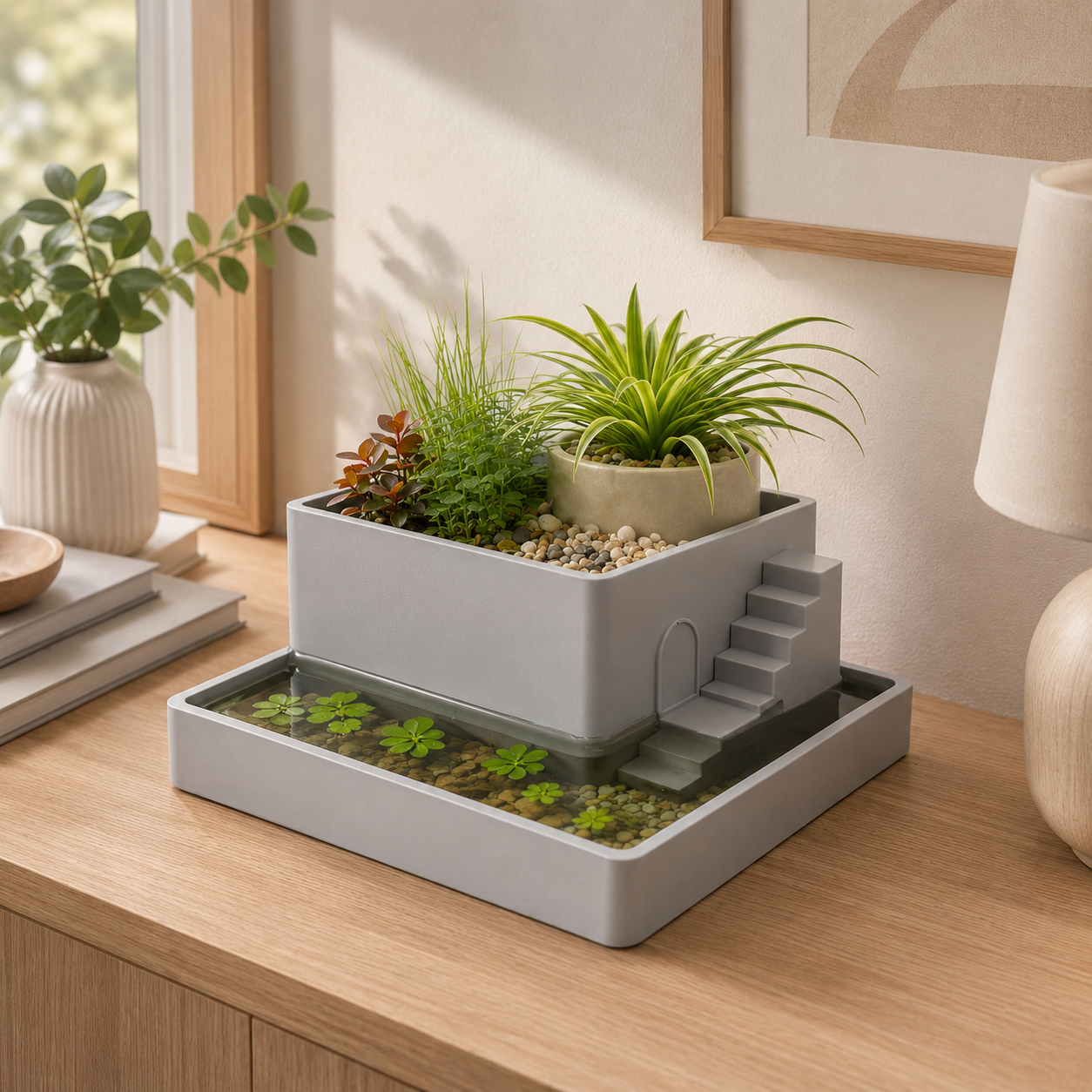 3D Printed Paludarium Planter | Mini Indoor Paludarium with Water Reservoir | Decorative Desktop Planter for Aquatic & Terrestrial Plants