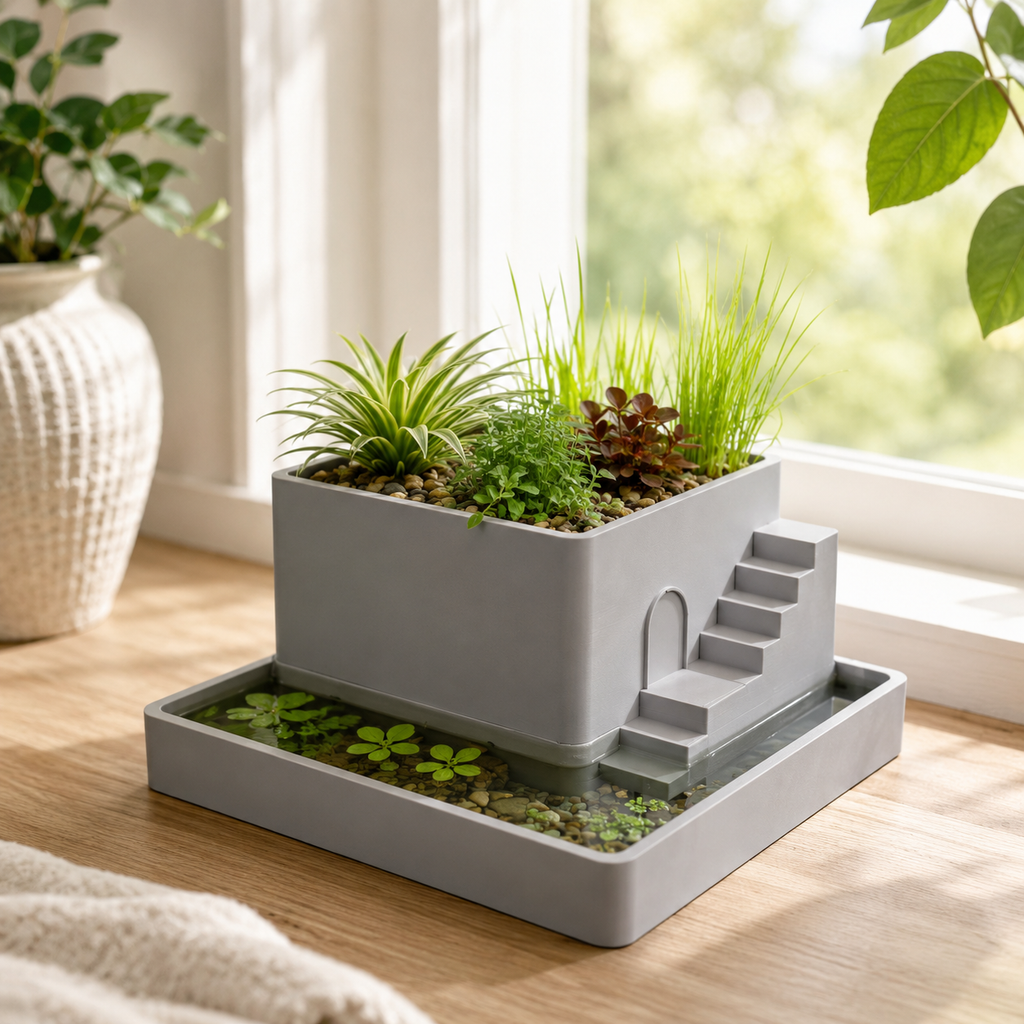 3D Printed Paludarium Planter | Mini Indoor Paludarium with Water Reservoir | Decorative Desktop Planter for Aquatic & Terrestrial Plants