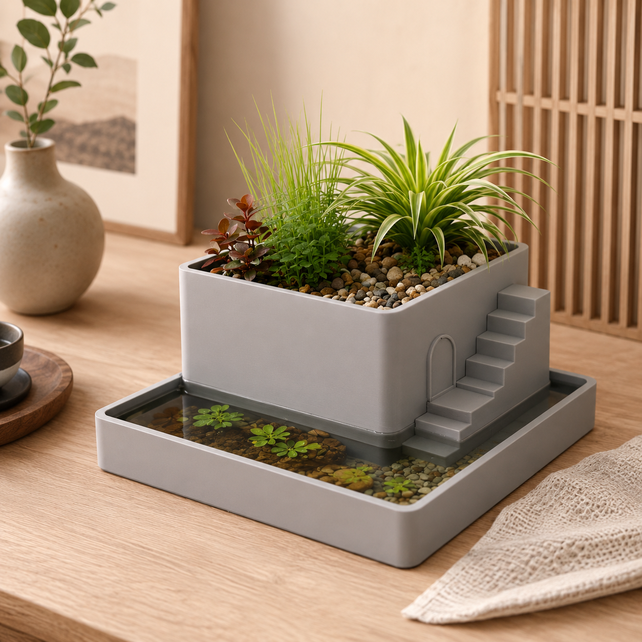 3D Printed Paludarium Planter | Mini Indoor Paludarium with Water Reservoir | Decorative Desktop Planter for Aquatic & Terrestrial Plants