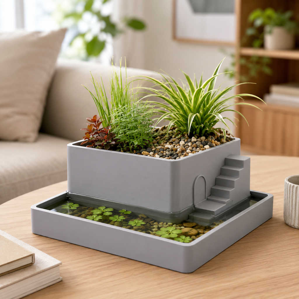 3D Printed Paludarium Planter | Mini Indoor Paludarium with Water Reservoir | Decorative Desktop Planter for Aquatic & Terrestrial Plants