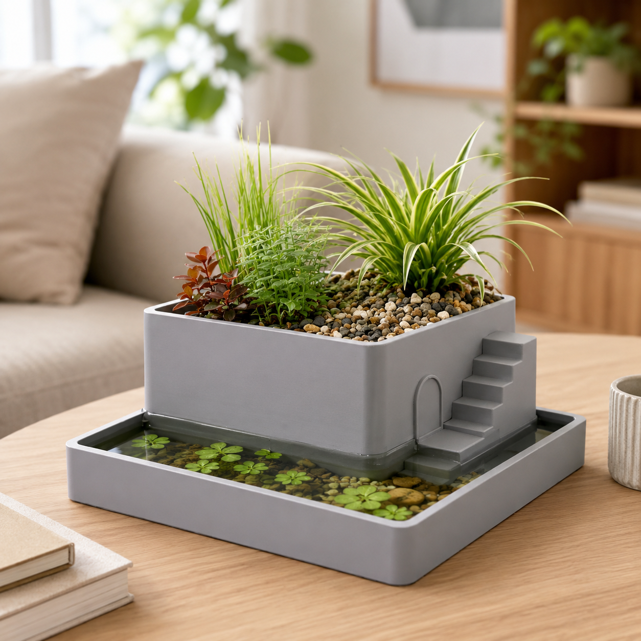 3D Printed Paludarium Planter | Mini Indoor Paludarium with Water Reservoir | Decorative Desktop Planter for Aquatic & Terrestrial Plants