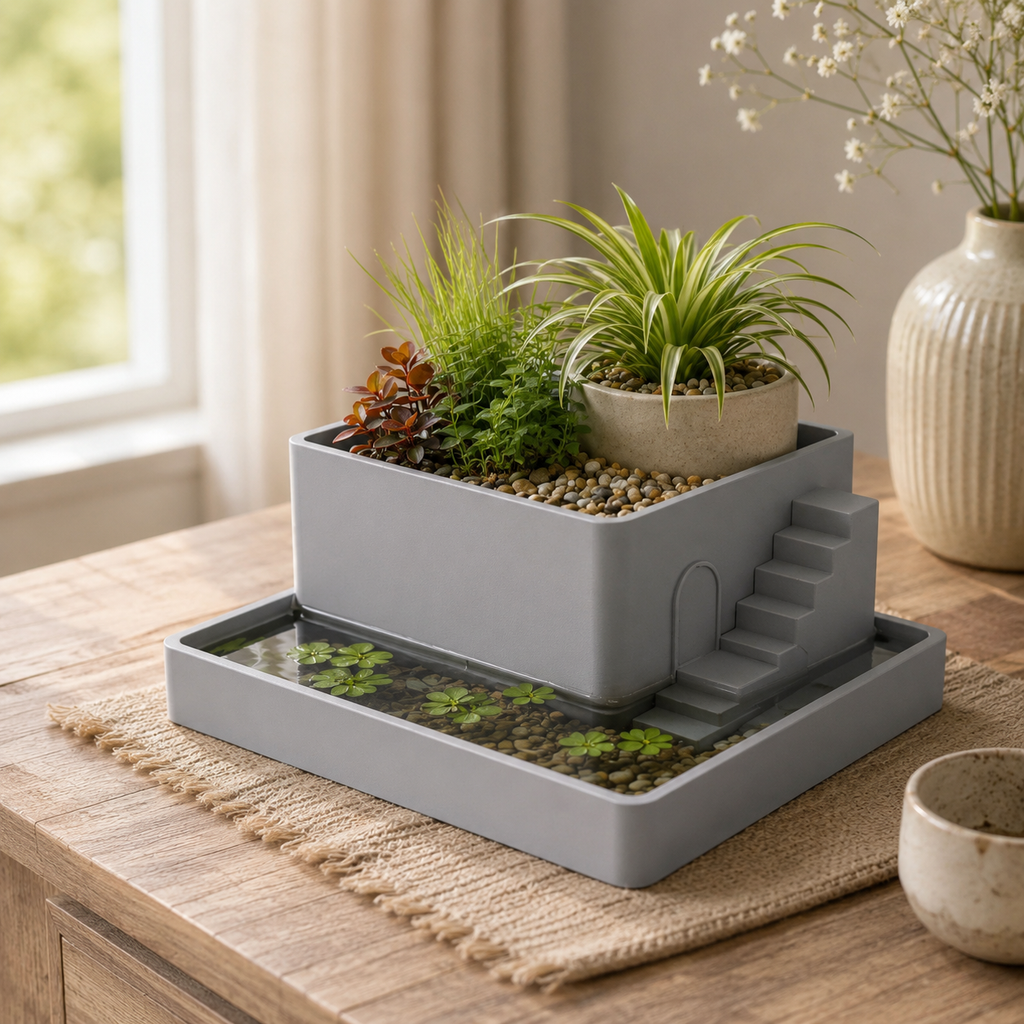 3D Printed Paludarium Planter | Mini Indoor Paludarium with Water Reservoir | Decorative Desktop Planter for Aquatic & Terrestrial Plants