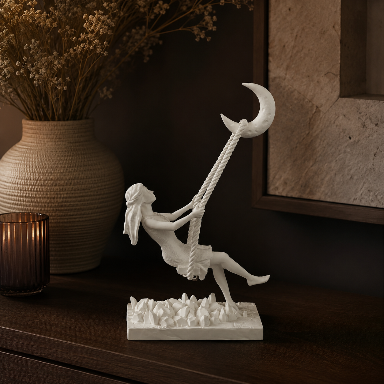 3D Printed Moon Swing Girl Sculpture | Whimsical Decorative Showpiece | Modern Fantasy Home Décor for Living Room, Bedroom & Office
