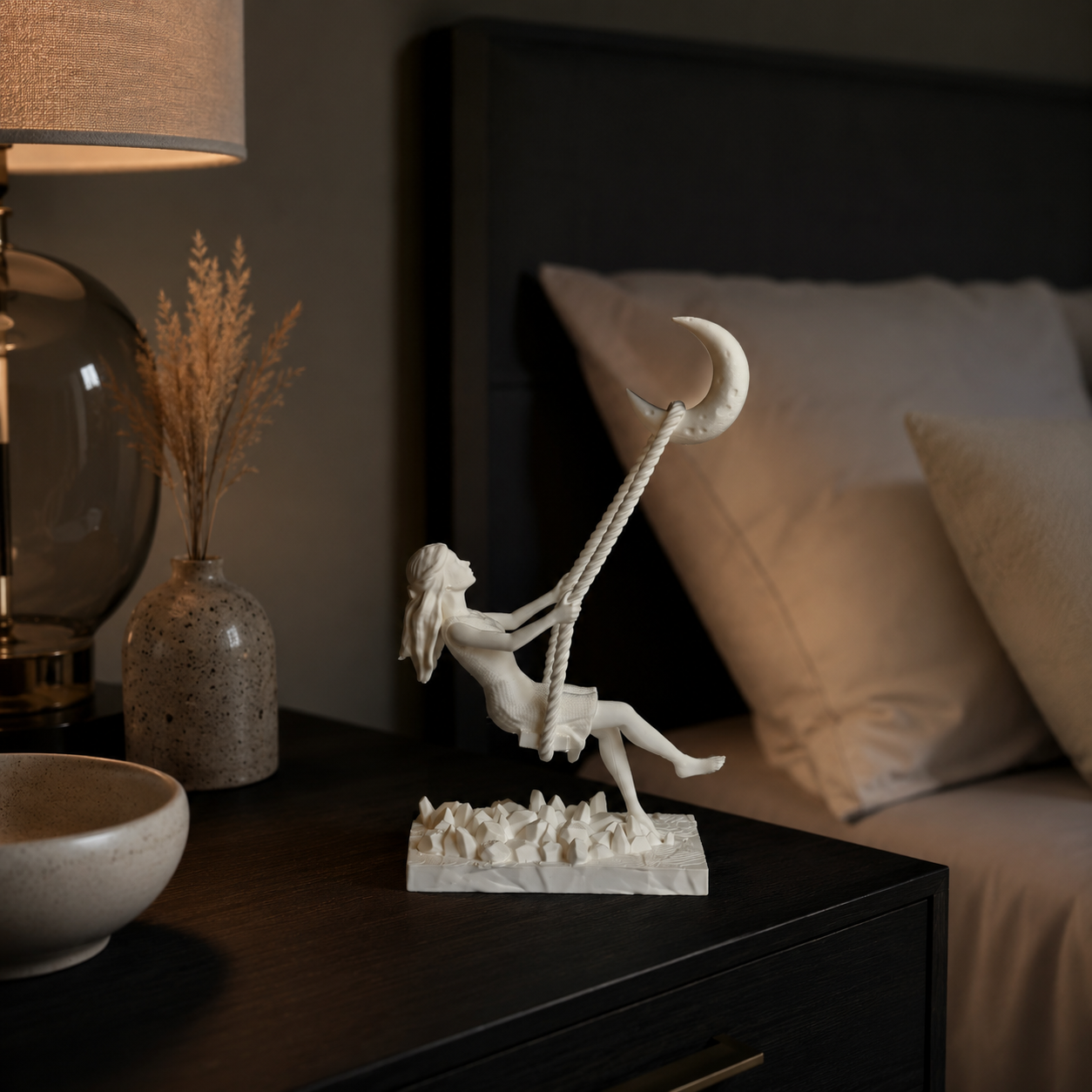3D Printed Moon Swing Girl Sculpture | Whimsical Decorative Showpiece | Modern Fantasy Home Décor for Living Room, Bedroom & Office