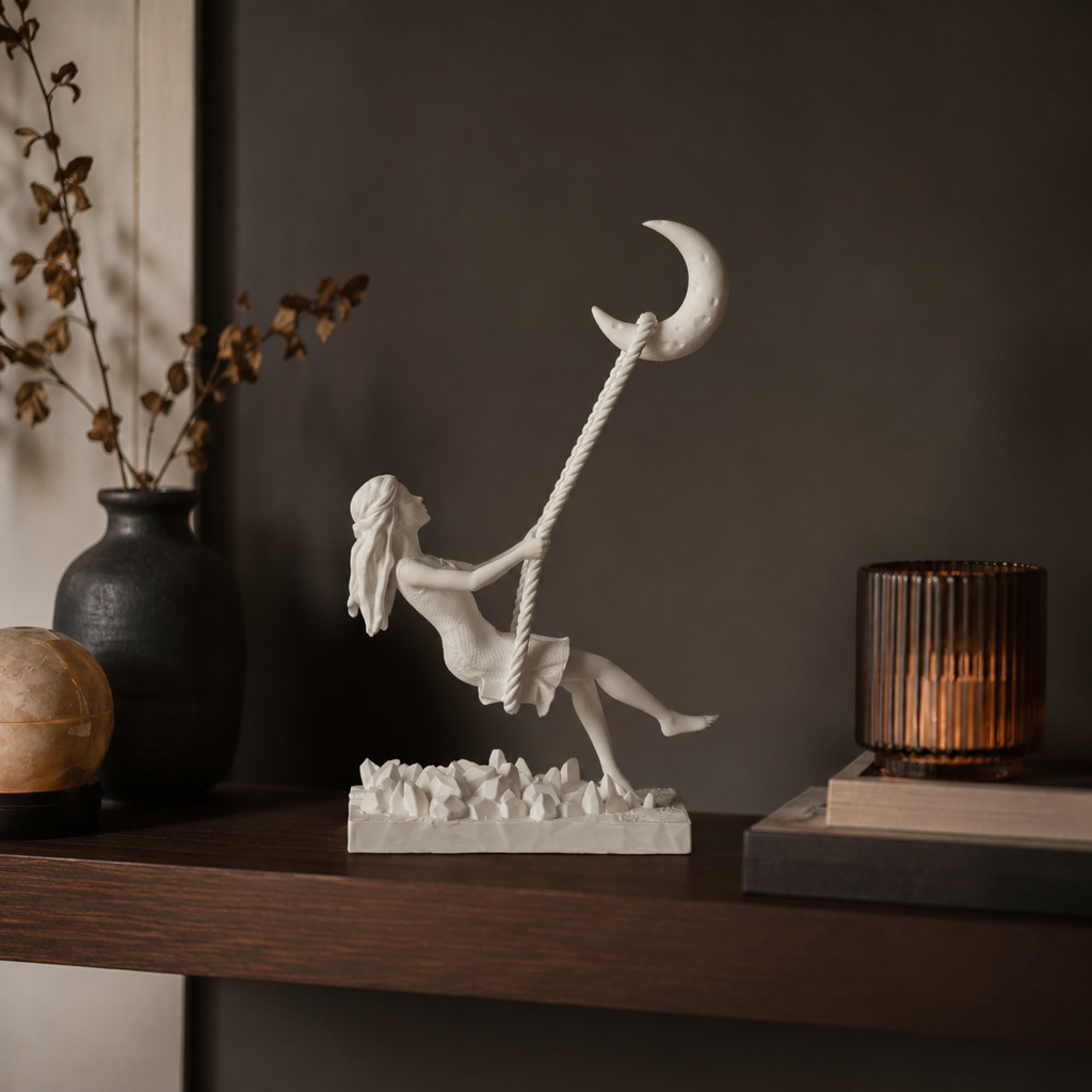 3D Printed Moon Swing Girl Sculpture | Whimsical Decorative Showpiece | Modern Fantasy Home Décor for Living Room, Bedroom & Office