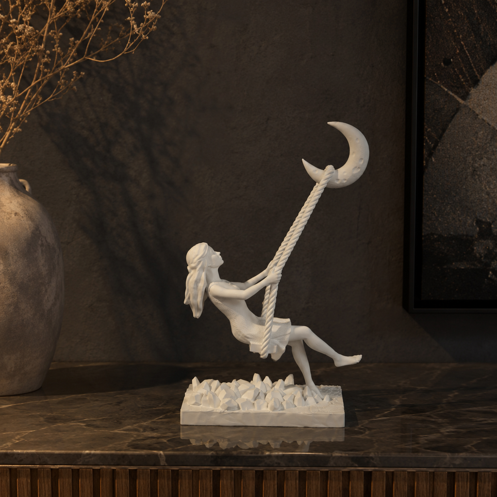3D Printed Moon Swing Girl Sculpture | Whimsical Decorative Showpiece | Modern Fantasy Home Décor for Living Room, Bedroom & Office