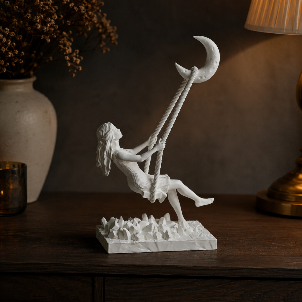 3D Printed Moon Swing Girl Sculpture | Whimsical Decorative Showpiece | Modern Fantasy Home Décor for Living Room, Bedroom & Office
