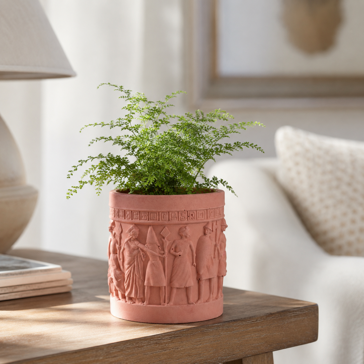 Handcrafted Concrete Planter with Ancient Relief Design | Decorative Indoor Plant Pot for Succulents, Herbs & Houseplants