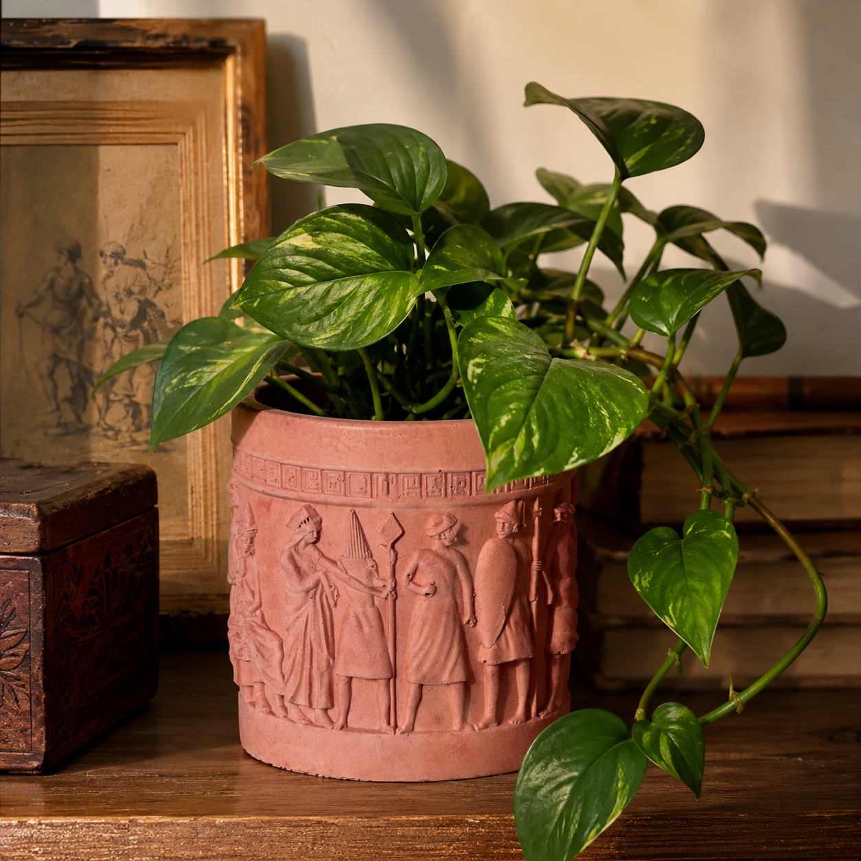 Handcrafted Concrete Planter with Ancient Relief Design | Decorative Indoor Plant Pot for Succulents, Herbs & Houseplants