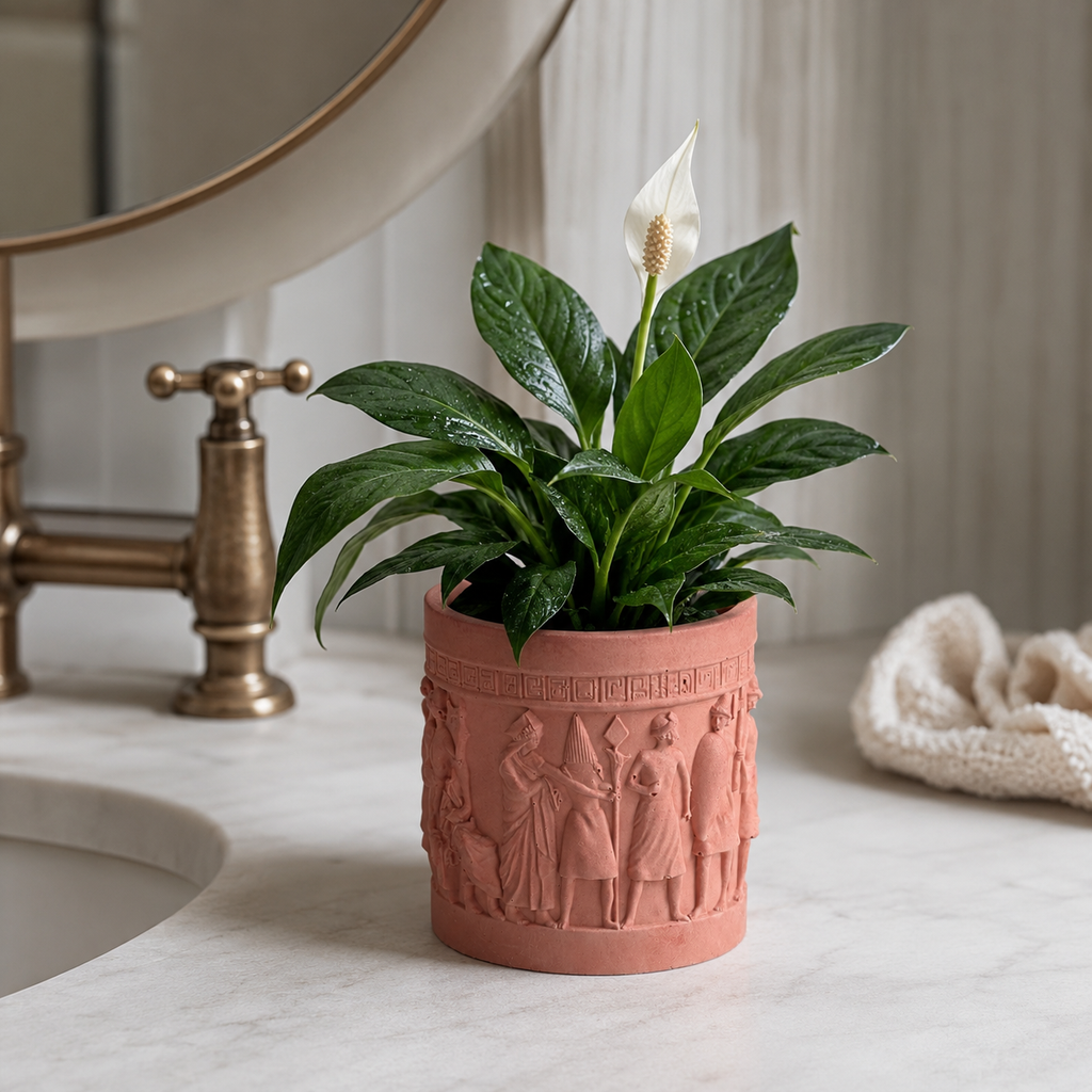 Handcrafted Concrete Planter with Ancient Relief Design | Decorative Indoor Plant Pot for Succulents, Herbs & Houseplants