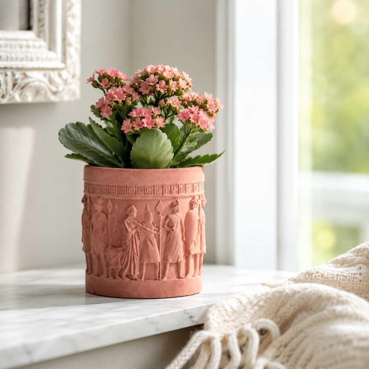 Handcrafted Concrete Planter with Ancient Relief Design | Decorative Indoor Plant Pot for Succulents, Herbs & Houseplants