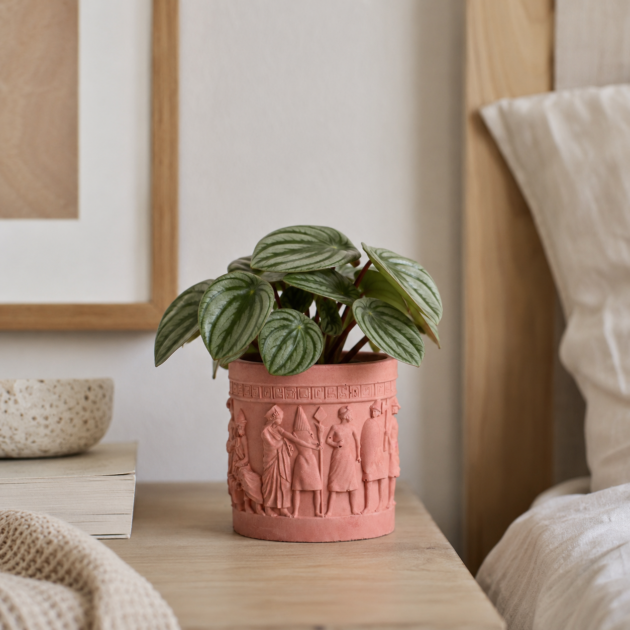 Handcrafted Concrete Planter with Ancient Relief Design | Decorative Indoor Plant Pot for Succulents, Herbs & Houseplants