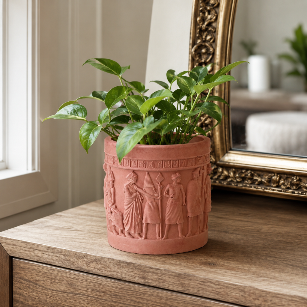 Handcrafted Concrete Planter with Ancient Relief Design | Decorative Indoor Plant Pot for Succulents, Herbs & Houseplants