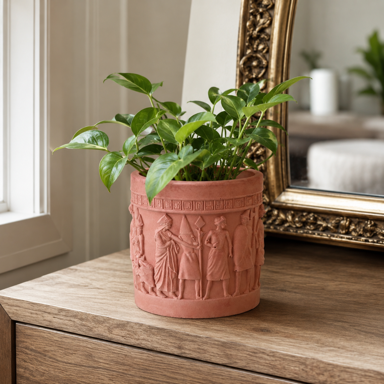 Handcrafted Concrete Planter with Ancient Relief Design | Decorative Indoor Plant Pot for Succulents, Herbs & Houseplants