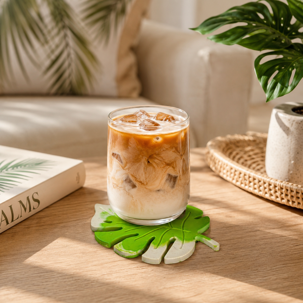 Monstera Leaf Concrete Coaster | Waterproof Handmade Drink Coaster for Coffee Mugs & Glasses | Modern Tropical Table Décor