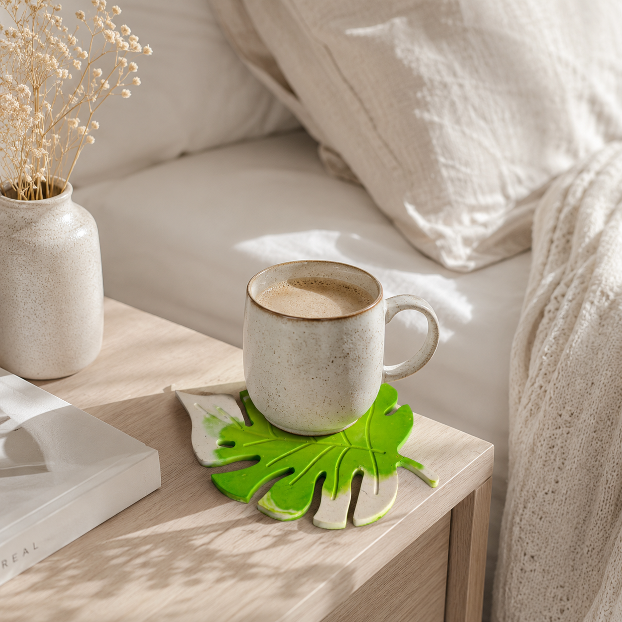 Monstera Leaf Concrete Coaster | Waterproof Handmade Drink Coaster for Coffee Mugs & Glasses | Modern Tropical Table Décor