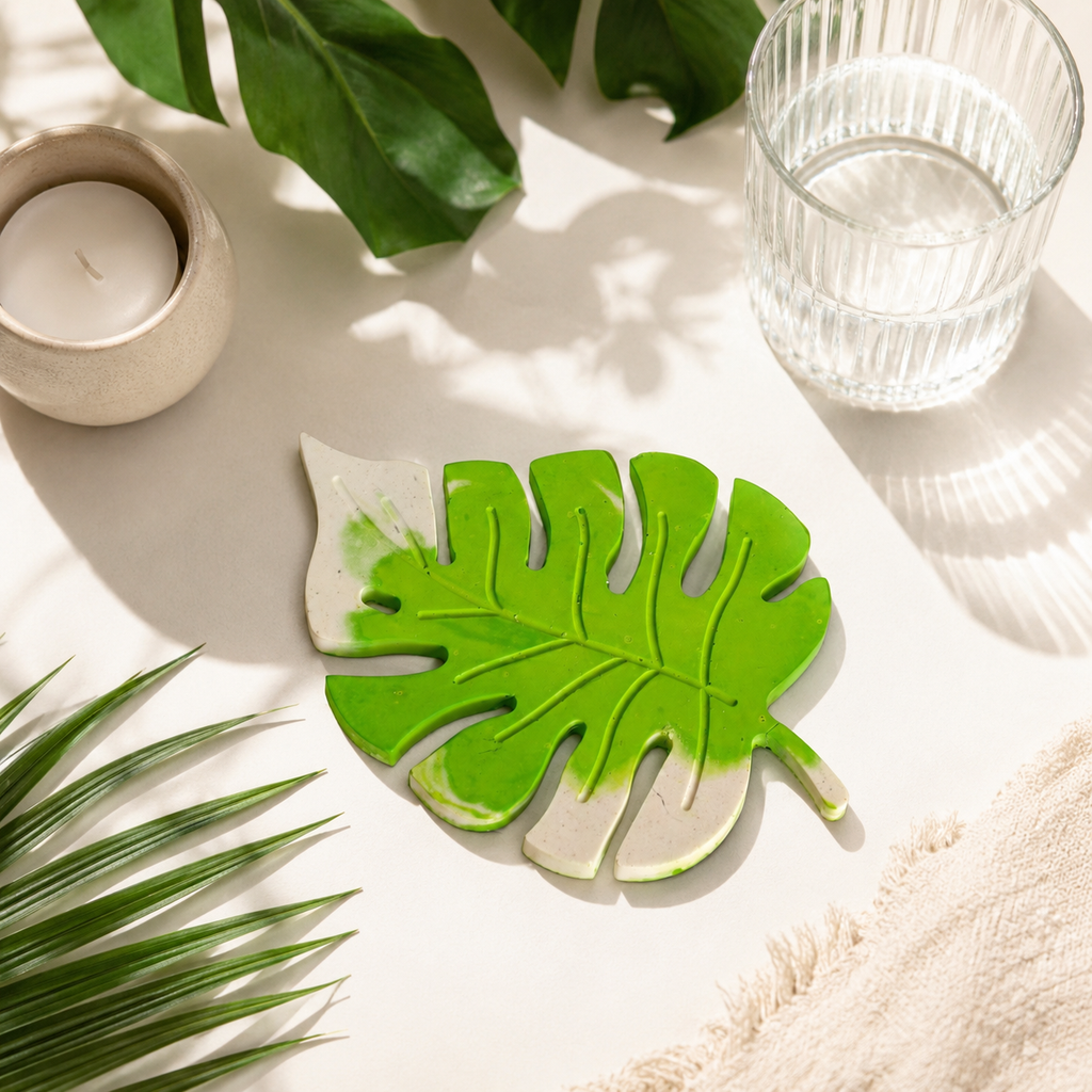 Monstera Leaf Concrete Coaster | Waterproof Handmade Drink Coaster for Coffee Mugs & Glasses | Modern Tropical Table Décor