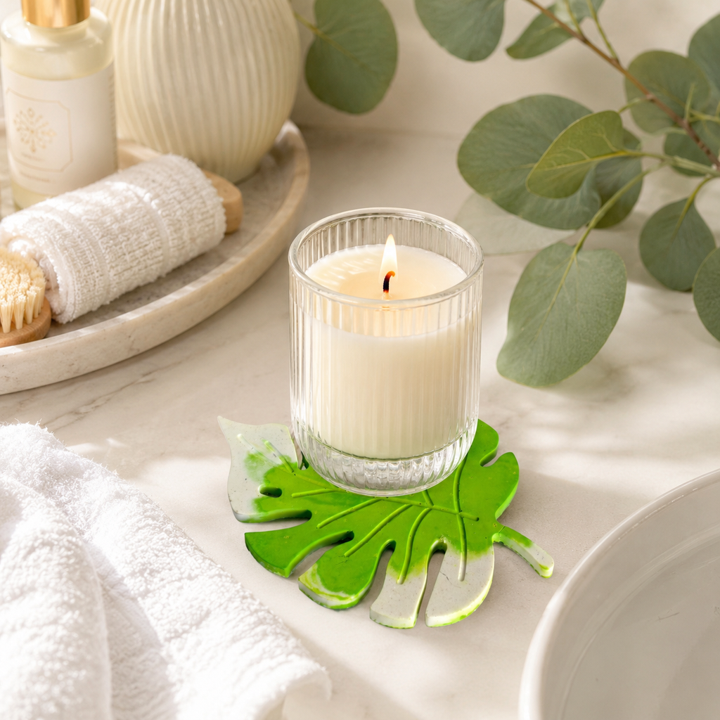 Monstera Leaf Concrete Coaster | Waterproof Handmade Drink Coaster for Coffee Mugs & Glasses | Modern Tropical Table Décor