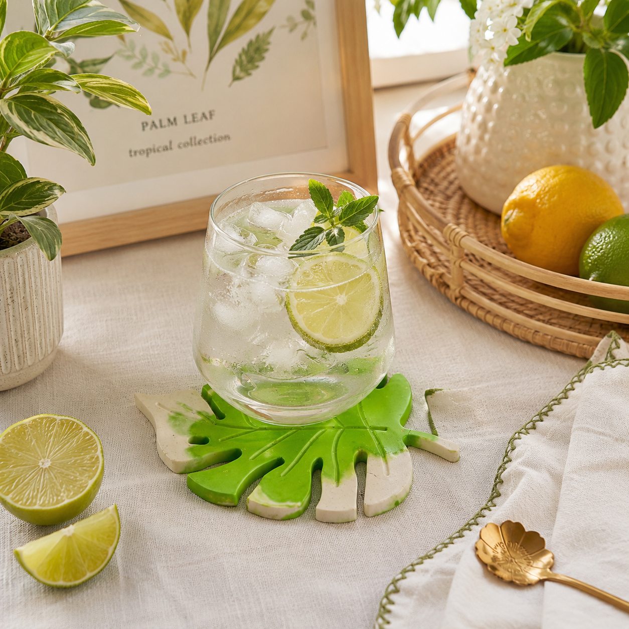 Monstera Leaf Concrete Coaster | Waterproof Handmade Drink Coaster for Coffee Mugs & Glasses | Modern Tropical Table Décor