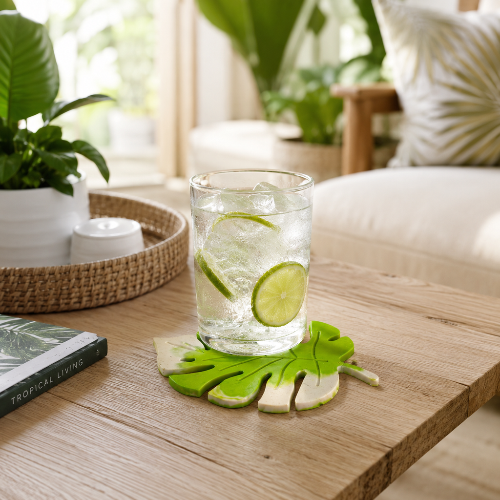 Monstera Leaf Concrete Coaster | Waterproof Handmade Drink Coaster for Coffee Mugs & Glasses | Modern Tropical Table Décor