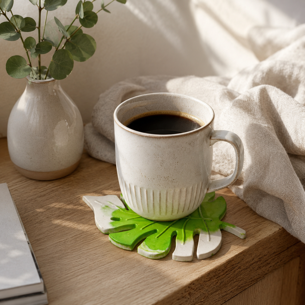 Monstera Leaf Concrete Coaster | Waterproof Handmade Drink Coaster for Coffee Mugs & Glasses | Modern Tropical Table Décor