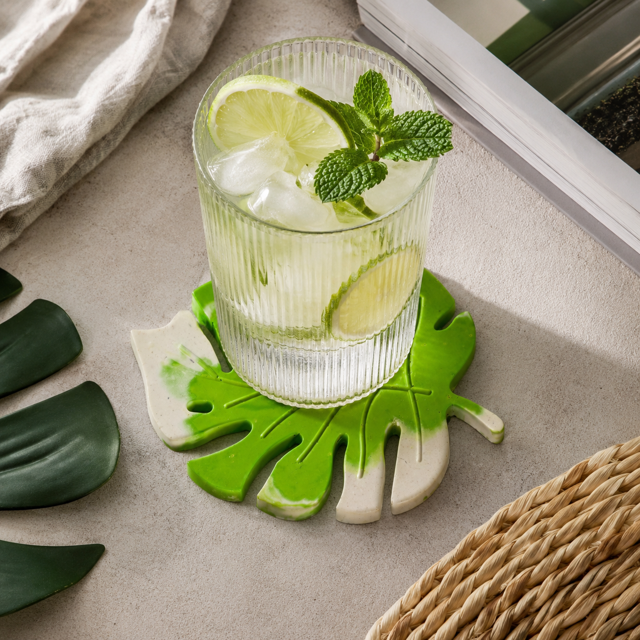 Monstera Leaf Concrete Coaster | Waterproof Handmade Drink Coaster for Coffee Mugs & Glasses | Modern Tropical Table Décor