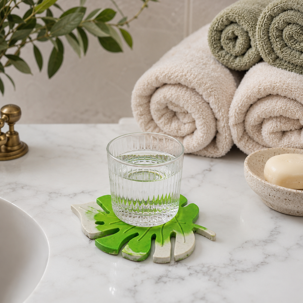 Monstera Leaf Concrete Coaster | Waterproof Handmade Drink Coaster for Coffee Mugs & Glasses | Modern Tropical Table Décor