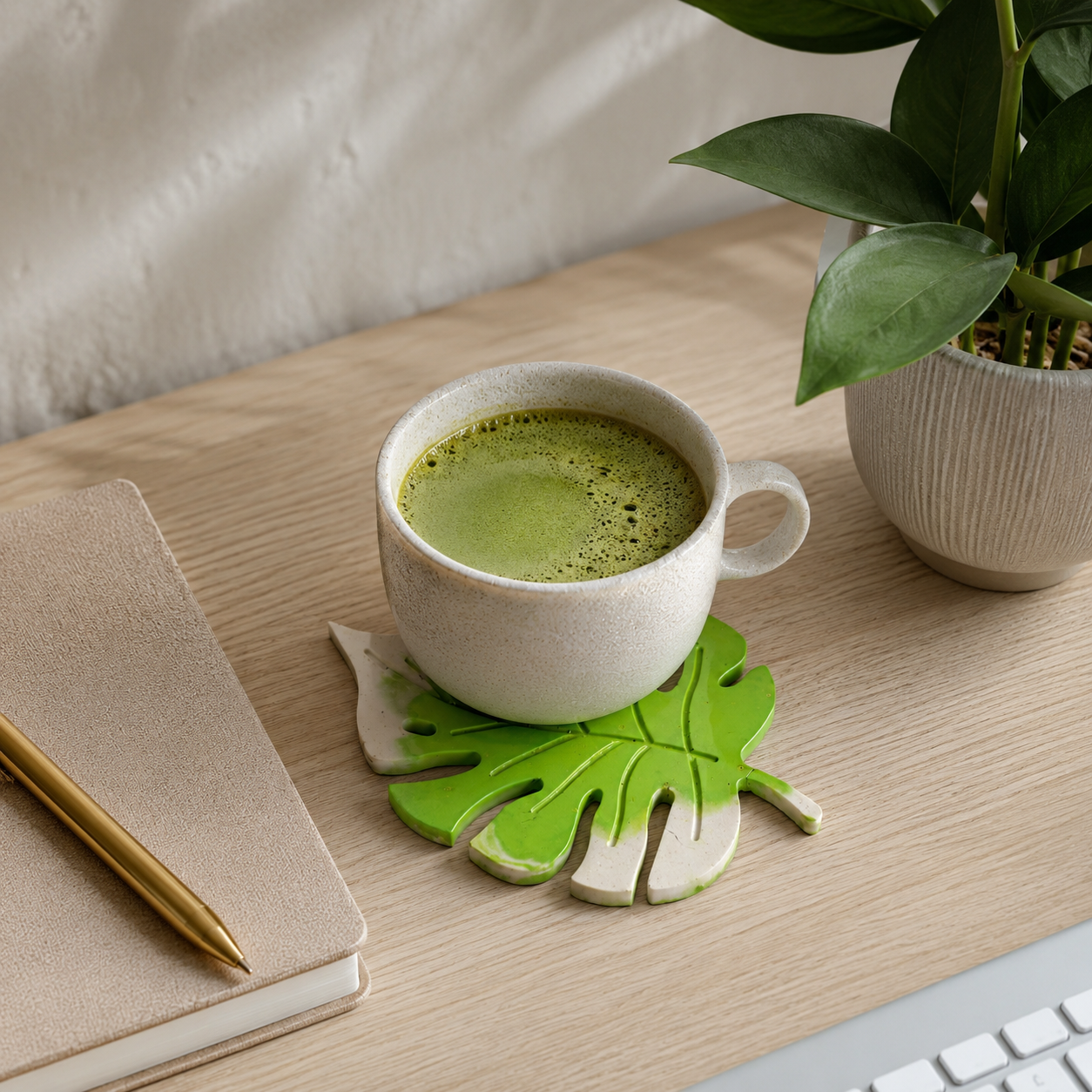 Monstera Leaf Concrete Coaster | Waterproof Handmade Drink Coaster for Coffee Mugs & Glasses | Modern Tropical Table Décor
