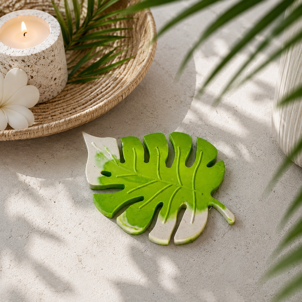 Monstera Leaf Concrete Coaster | Waterproof Handmade Drink Coaster for Coffee Mugs & Glasses | Modern Tropical Table Décor