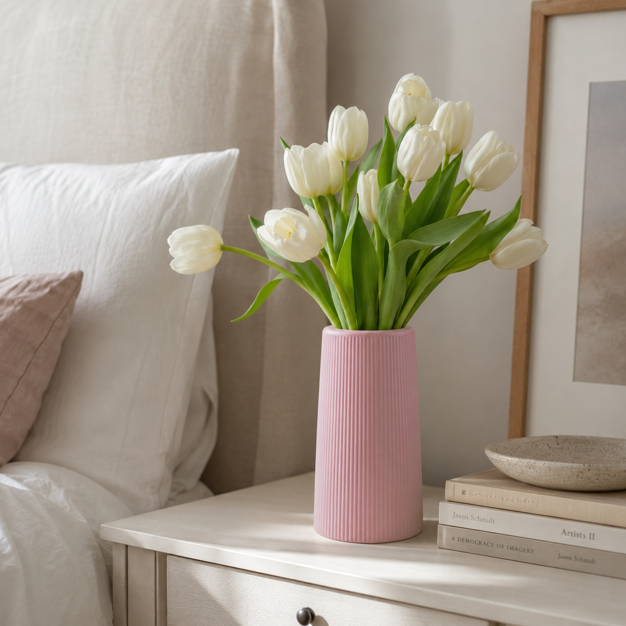 Modern Waterproof Vase for Fresh & Dried Flowers | Ribbed Decorative Flower Vase for Living Room, Bedroom & Table Décor