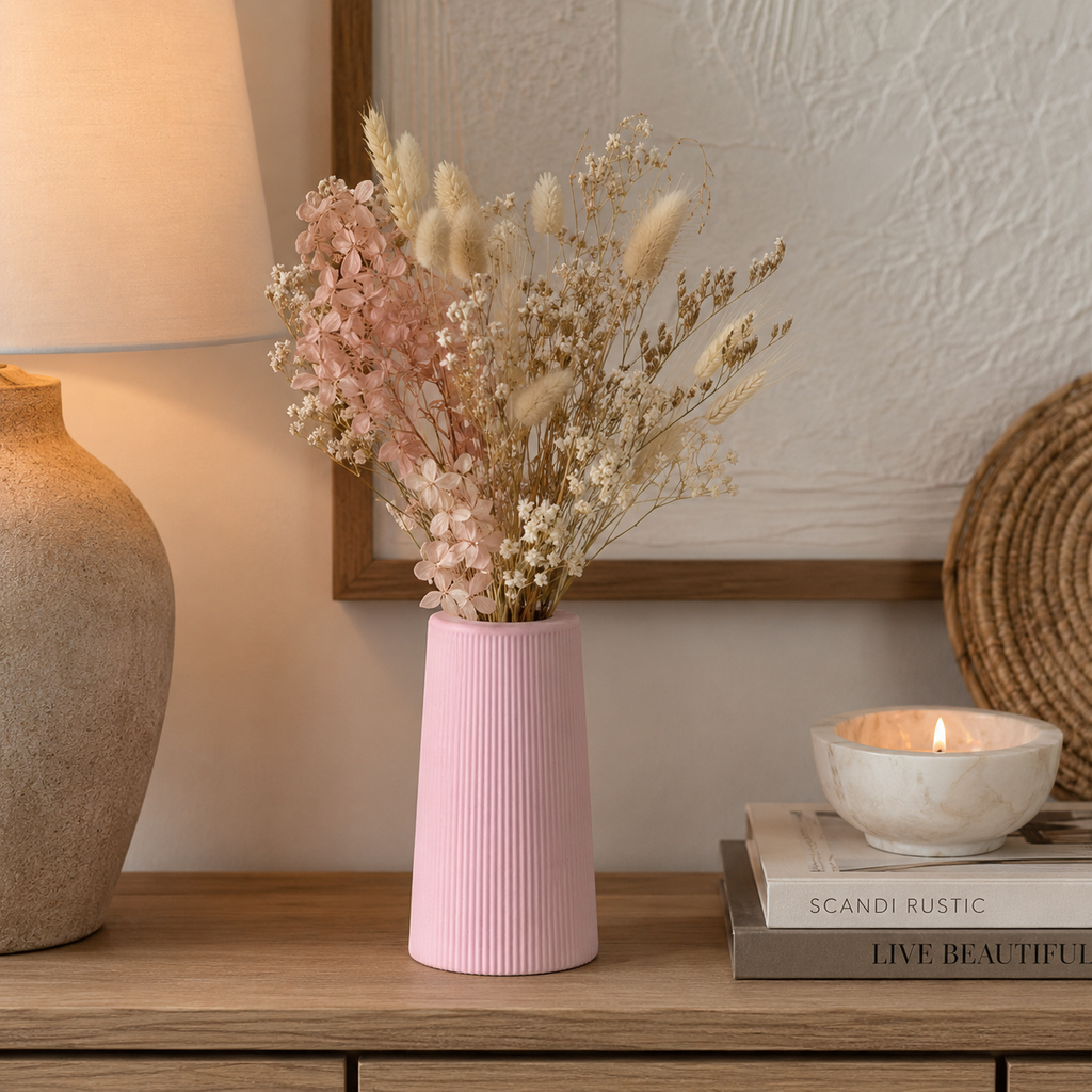 Modern Waterproof Vase for Fresh & Dried Flowers | Ribbed Decorative Flower Vase for Living Room, Bedroom & Table Décor