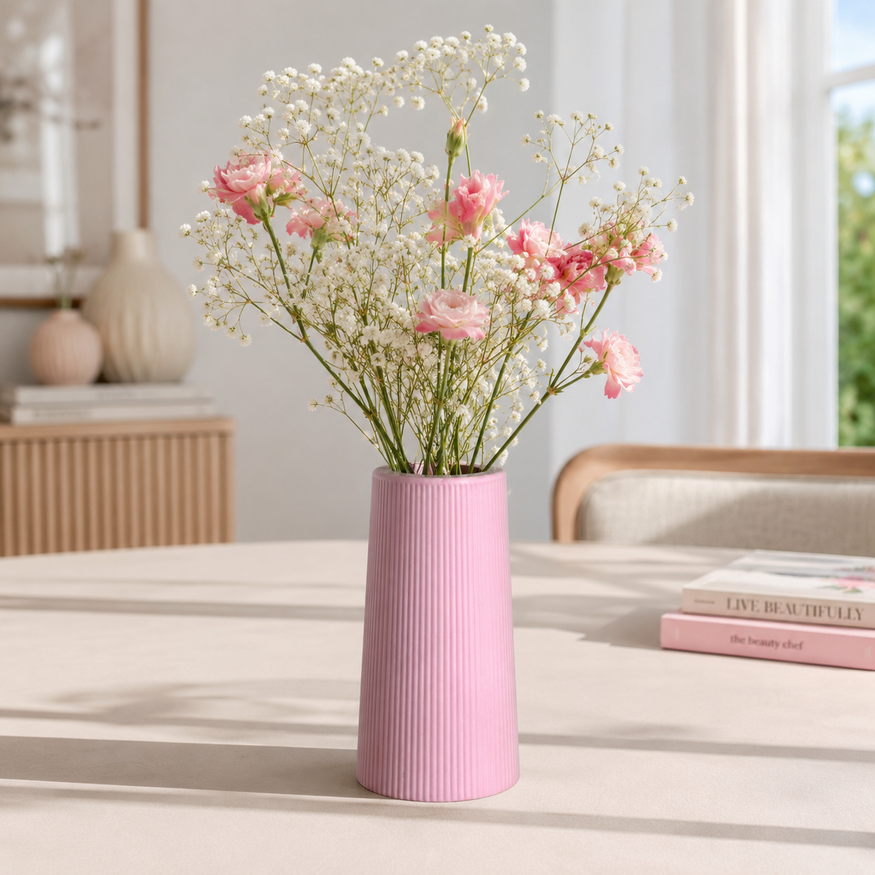 Modern Waterproof Vase for Fresh & Dried Flowers | Ribbed Decorative Flower Vase for Living Room, Bedroom & Table Décor