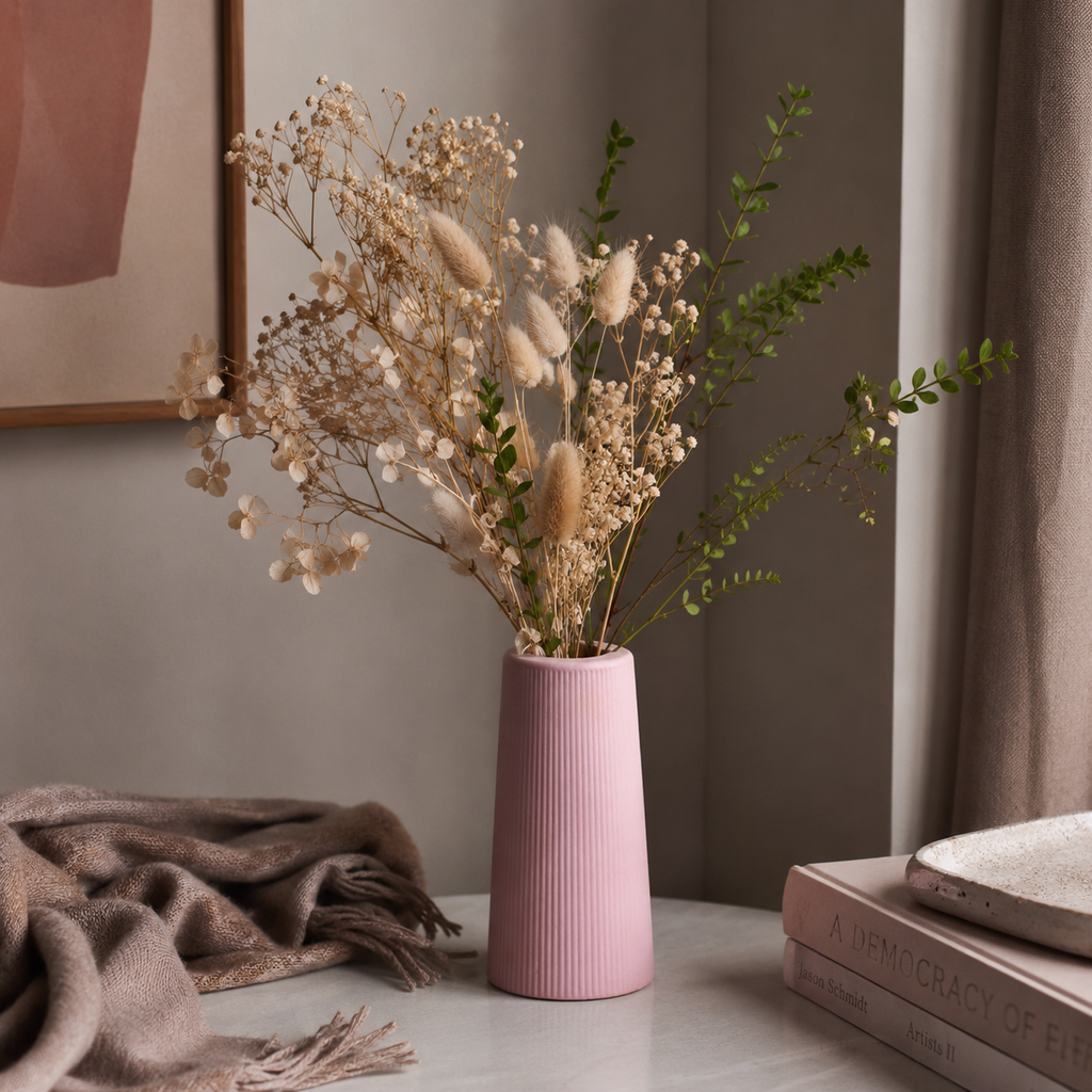 Modern Waterproof Vase for Fresh & Dried Flowers | Ribbed Decorative Flower Vase for Living Room, Bedroom & Table Décor