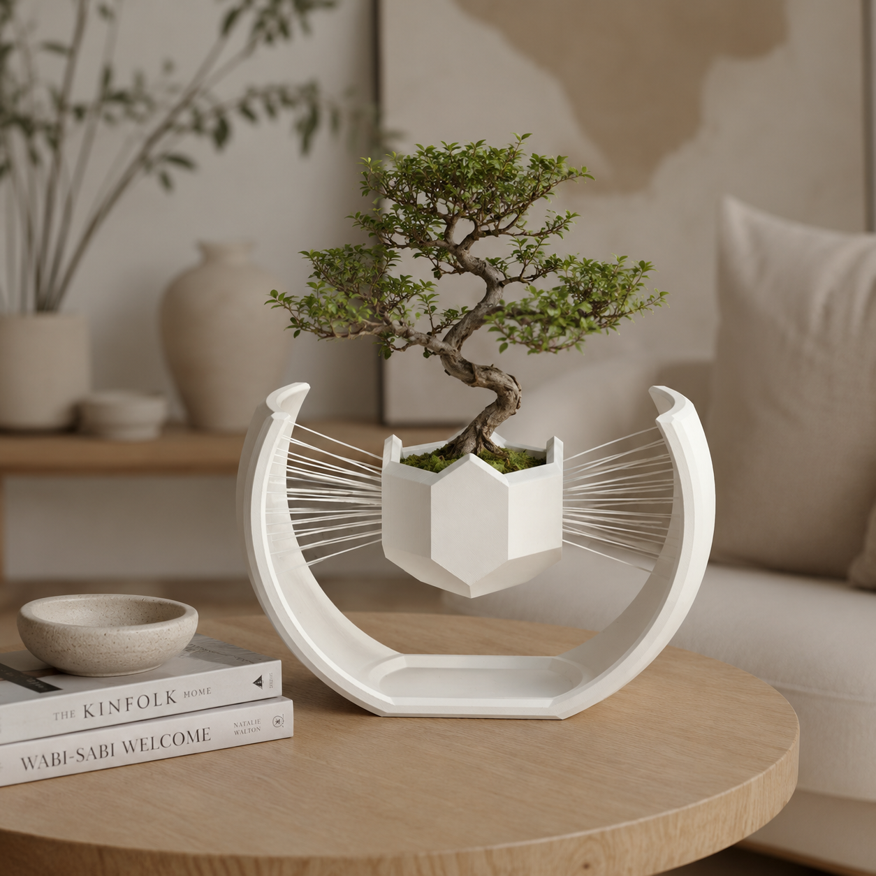 Floating Moon Bonsai Planter | Modern 3D Printed Geometric Hanging Planter for Succulents, Bonsai & Indoor Plants