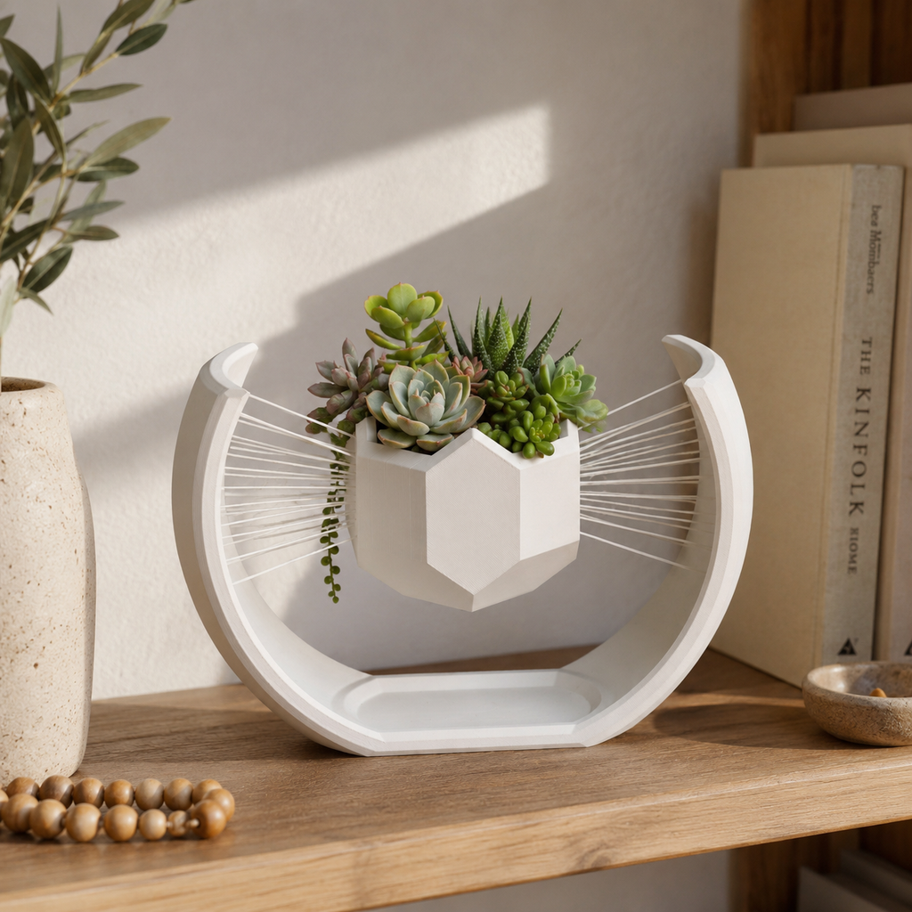 Floating Moon Bonsai Planter | Modern 3D Printed Geometric Hanging Planter for Succulents, Bonsai & Indoor Plants