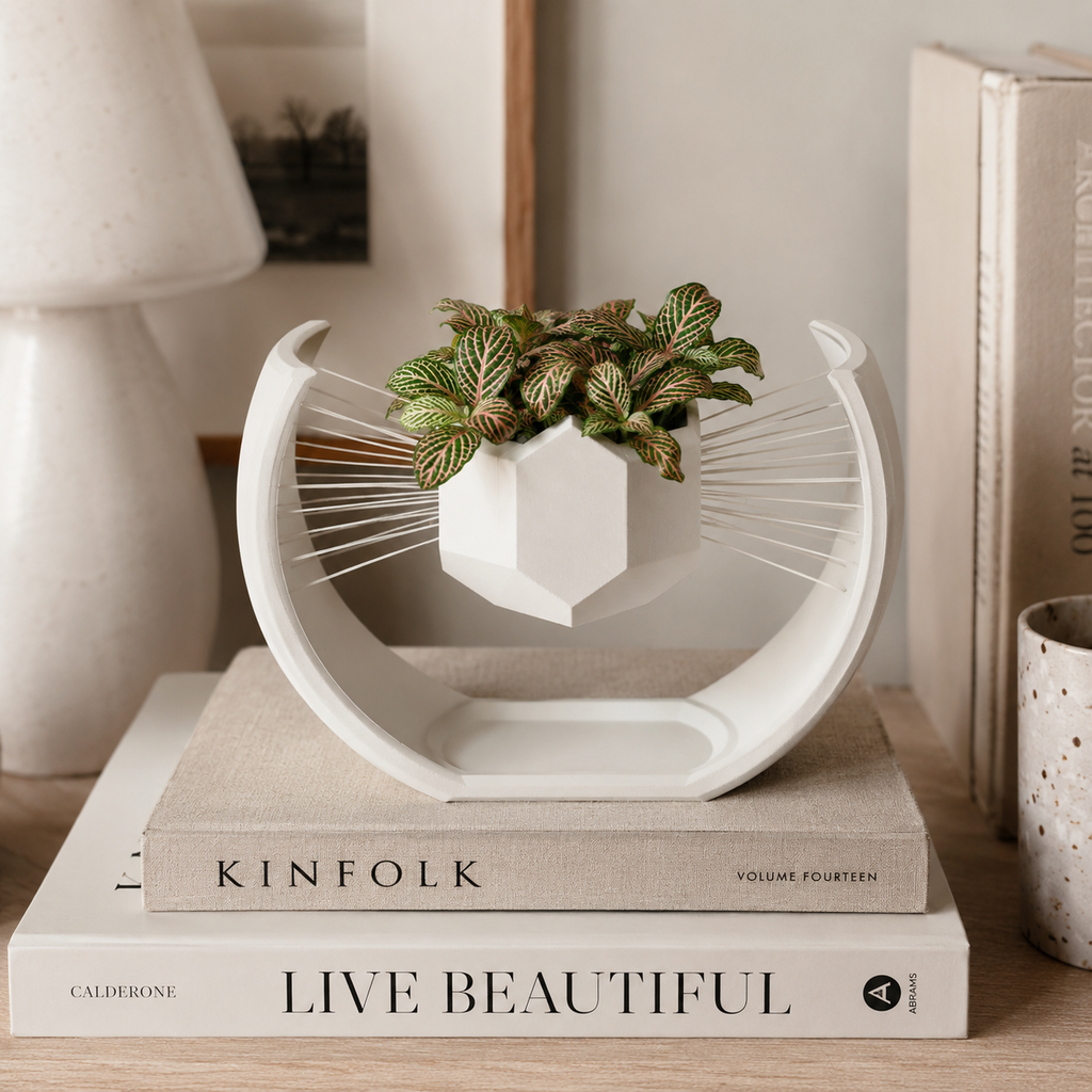 Floating Moon Bonsai Planter | Modern 3D Printed Geometric Hanging Planter for Succulents, Bonsai & Indoor Plants