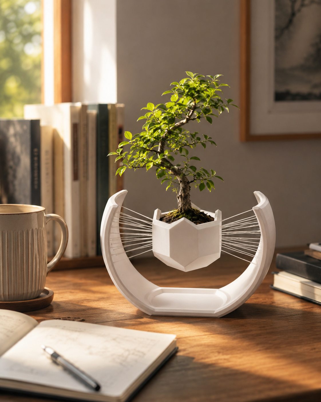 Floating Moon Bonsai Planter | Modern 3D Printed Geometric Hanging Planter for Succulents, Bonsai & Indoor Plants
