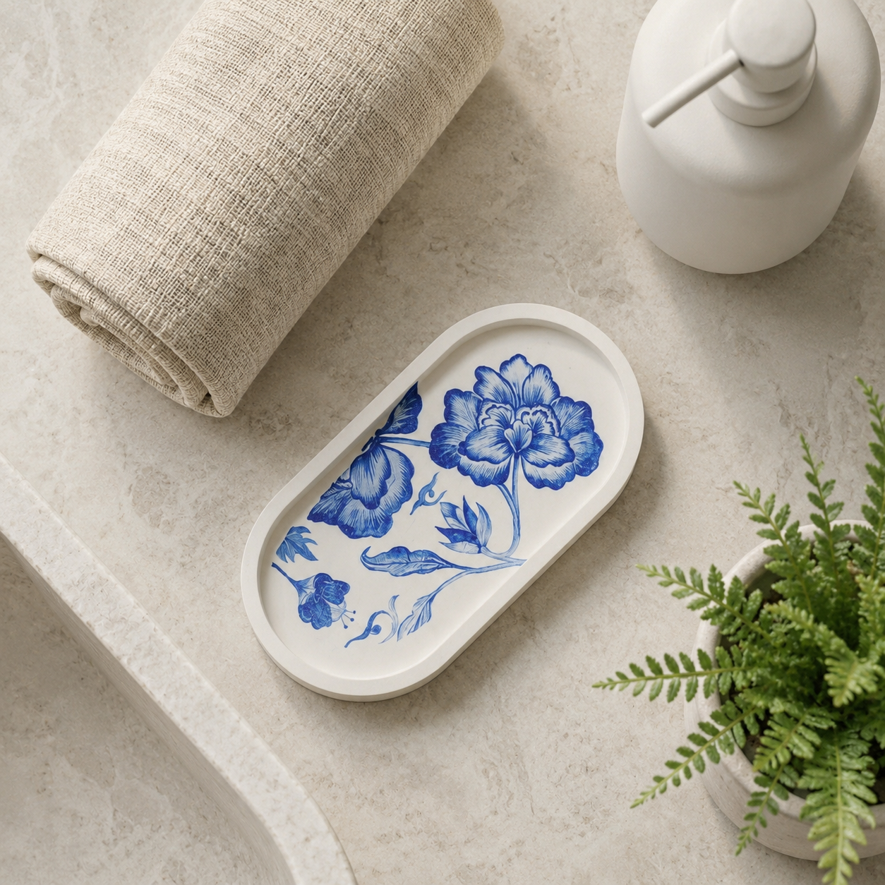Blue Floral Jesmonite Oval Tray – Handcrafted Decorative Vanity Tray | Modern Trinket & Jewellery Organizer