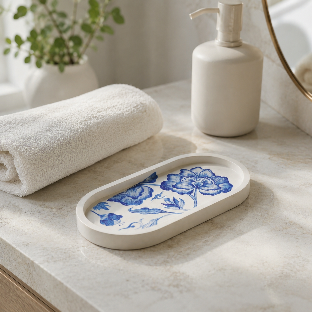 Blue Floral Jesmonite Oval Tray – Handcrafted Decorative Vanity Tray | Modern Trinket & Jewellery Organizer