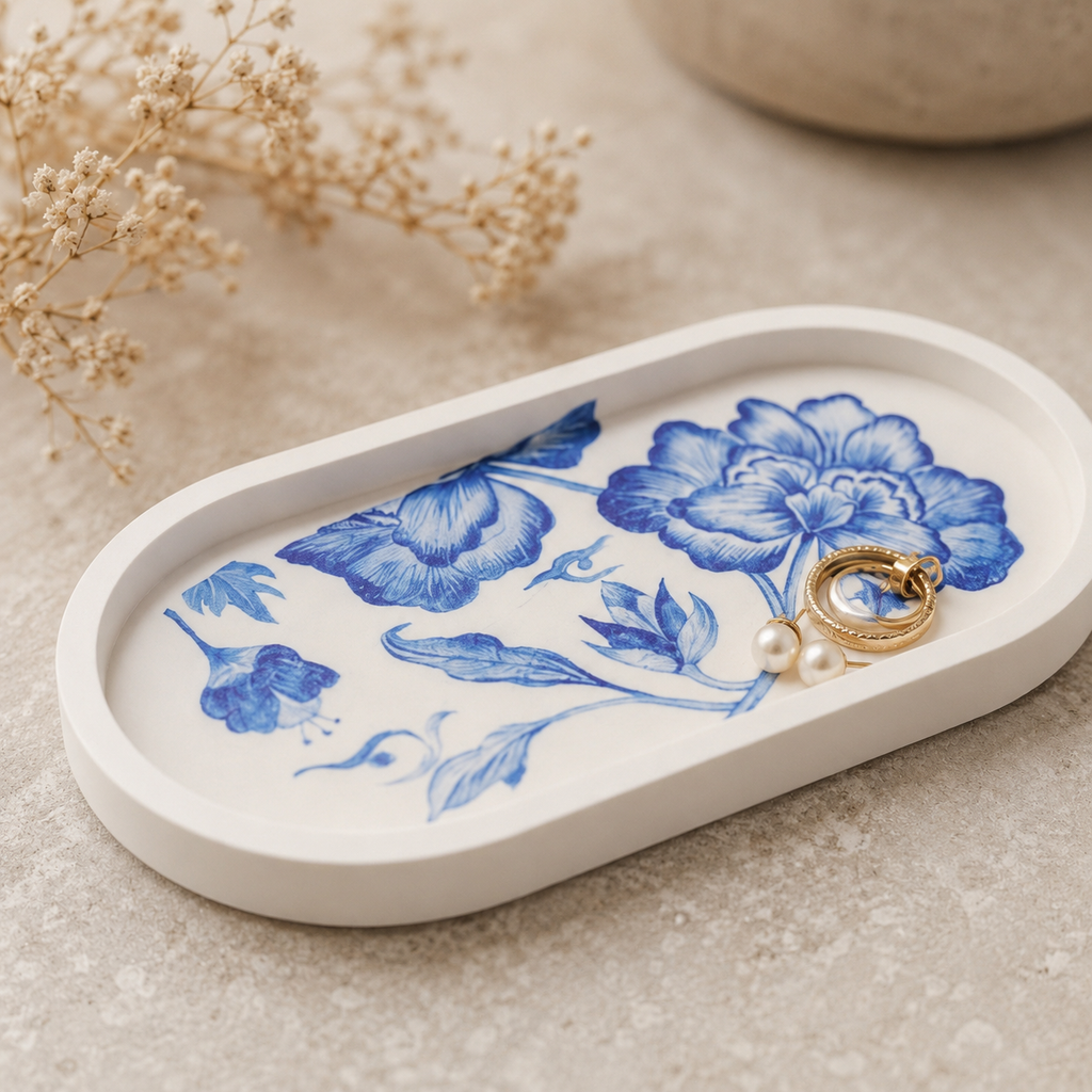 Blue Floral Jesmonite Oval Tray – Handcrafted Decorative Vanity Tray | Modern Trinket & Jewellery Organizer