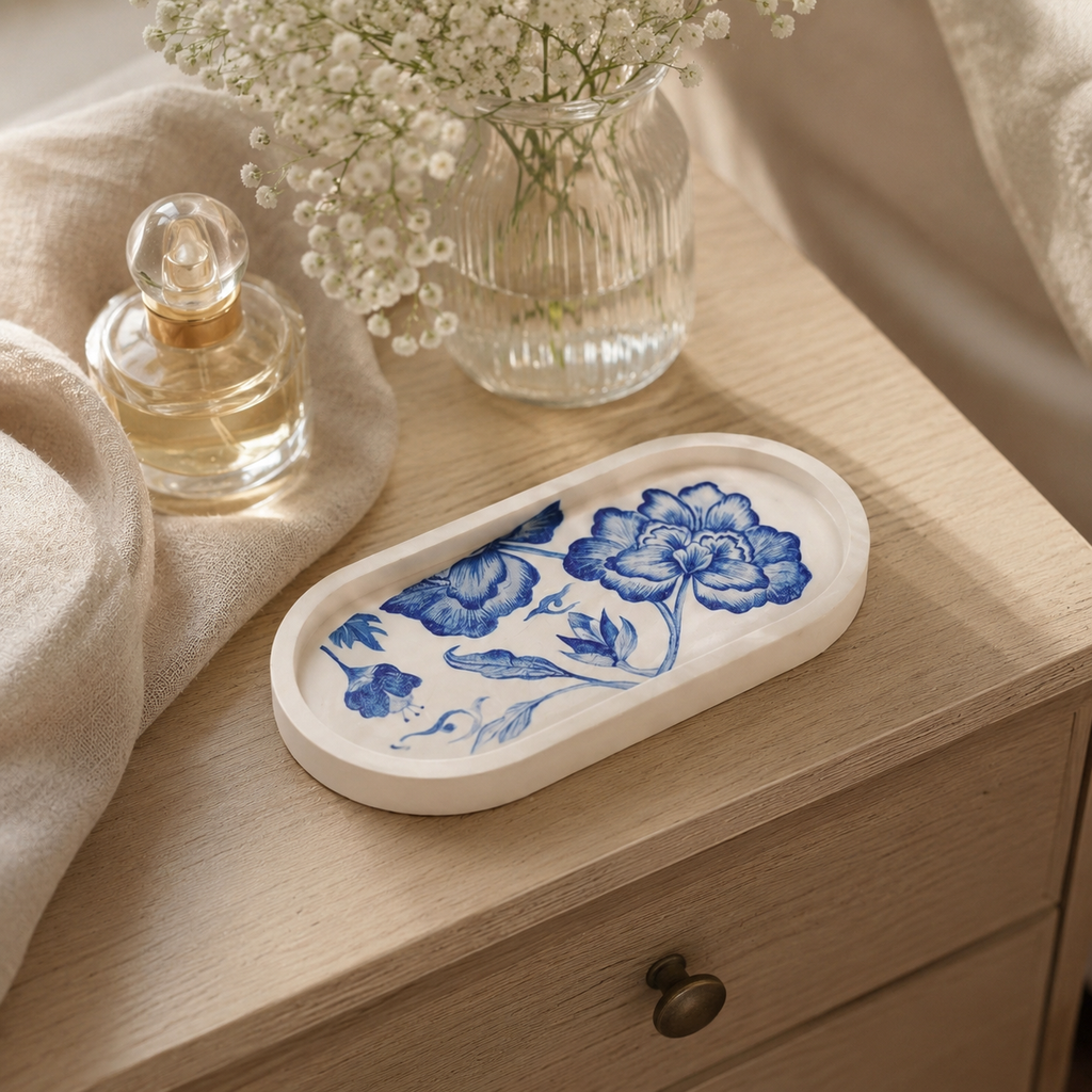 Blue Floral Jesmonite Oval Tray – Handcrafted Decorative Vanity Tray | Modern Trinket & Jewellery Organizer