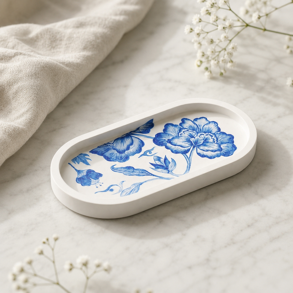 Blue Floral Jesmonite Oval Tray – Handcrafted Decorative Vanity Tray | Modern Trinket & Jewellery Organizer
