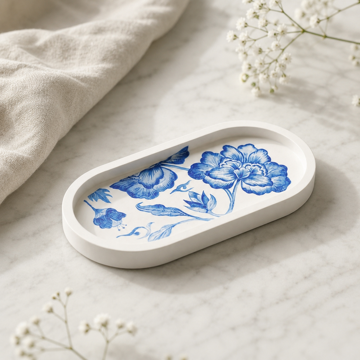 Blue Floral Jesmonite Oval Tray – Handcrafted Decorative Vanity Tray | Modern Trinket & Jewellery Organizer