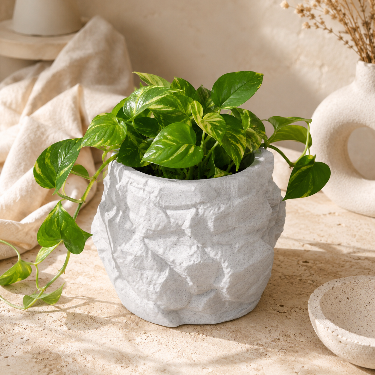 Stone-Inspired Textured 3D Printed Planter for Indoor Plants | Modern Decorative Plant Pot