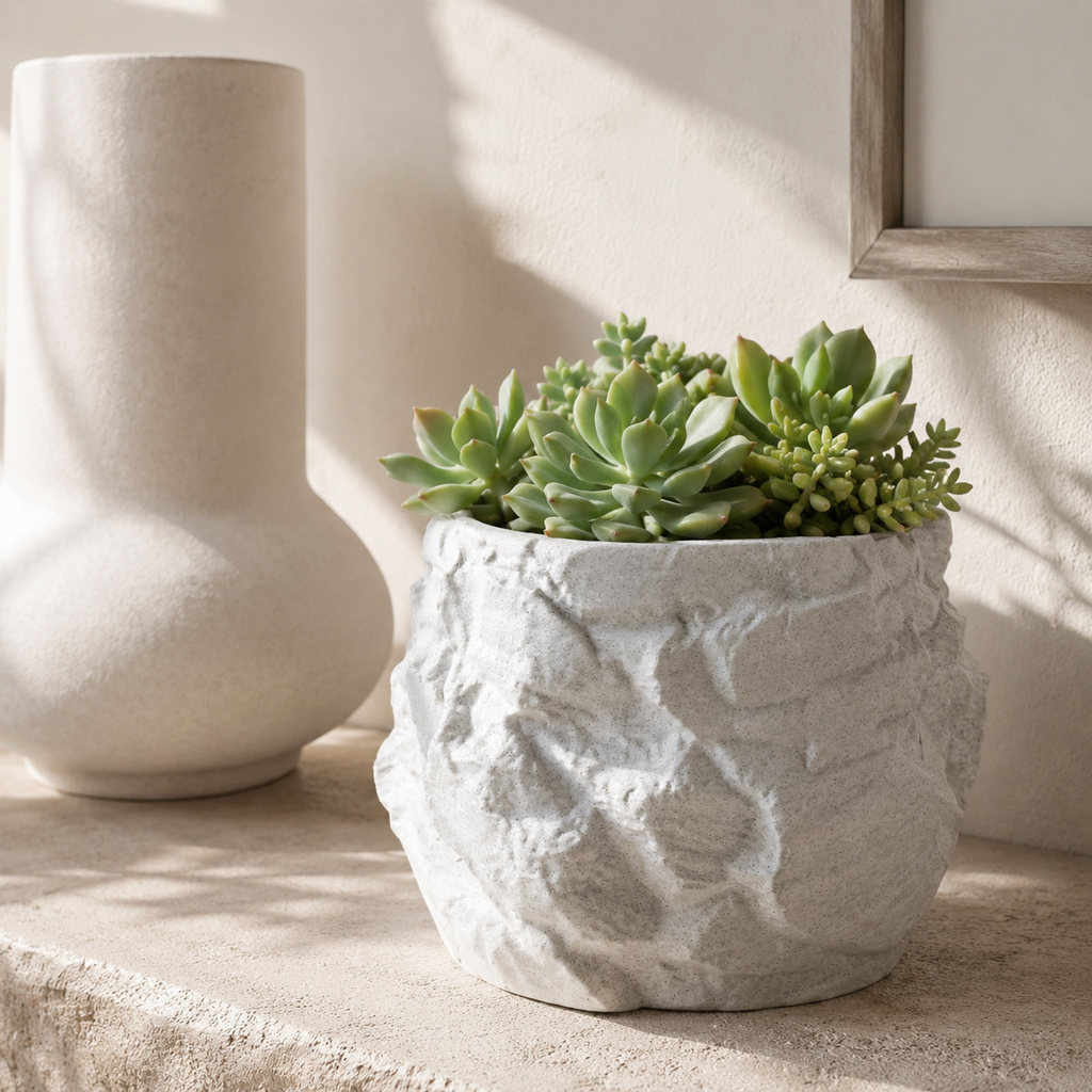 Stone-Inspired Textured 3D Printed Planter for Indoor Plants | Modern Decorative Plant Pot
