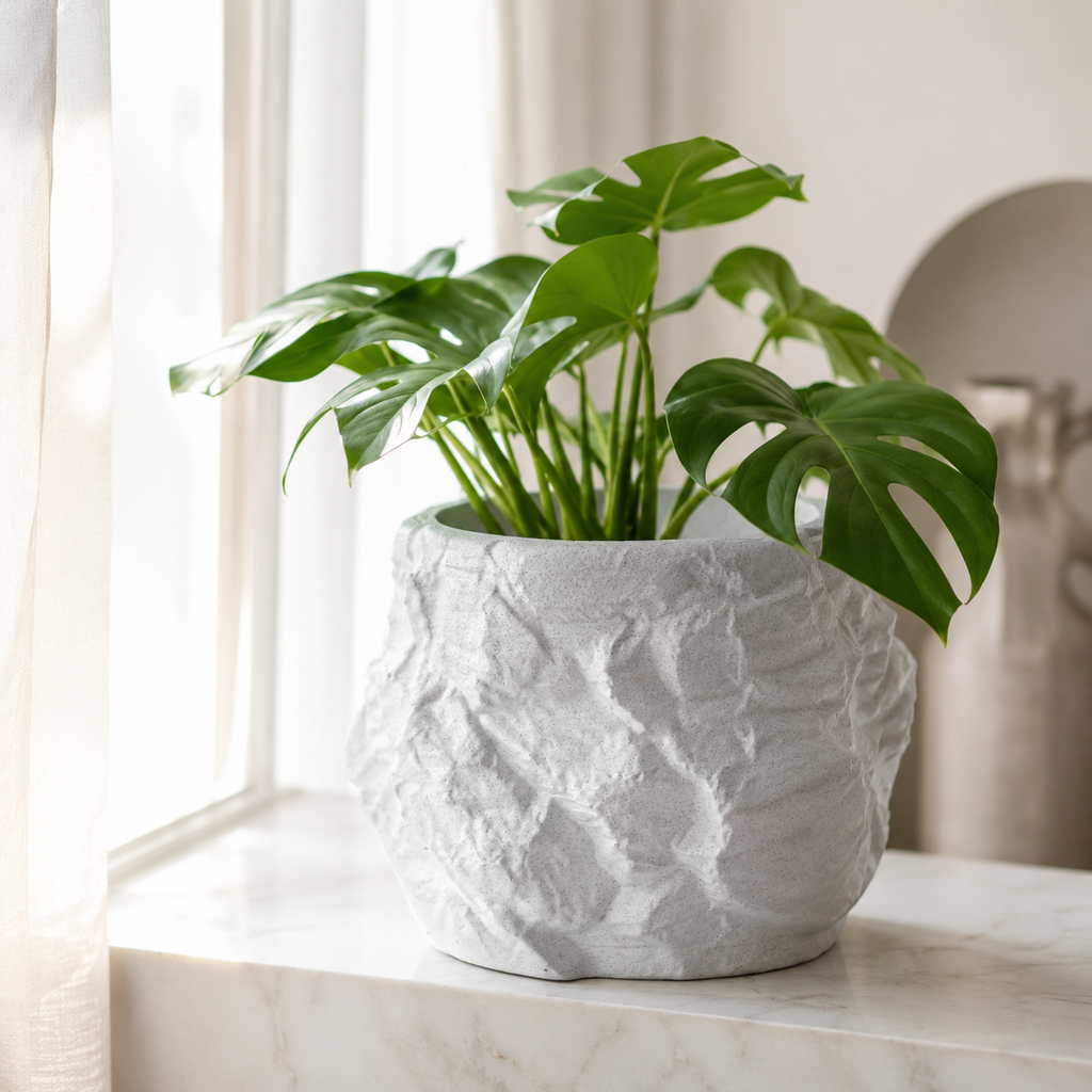 Stone-Inspired Textured 3D Printed Planter for Indoor Plants | Modern Decorative Plant Pot