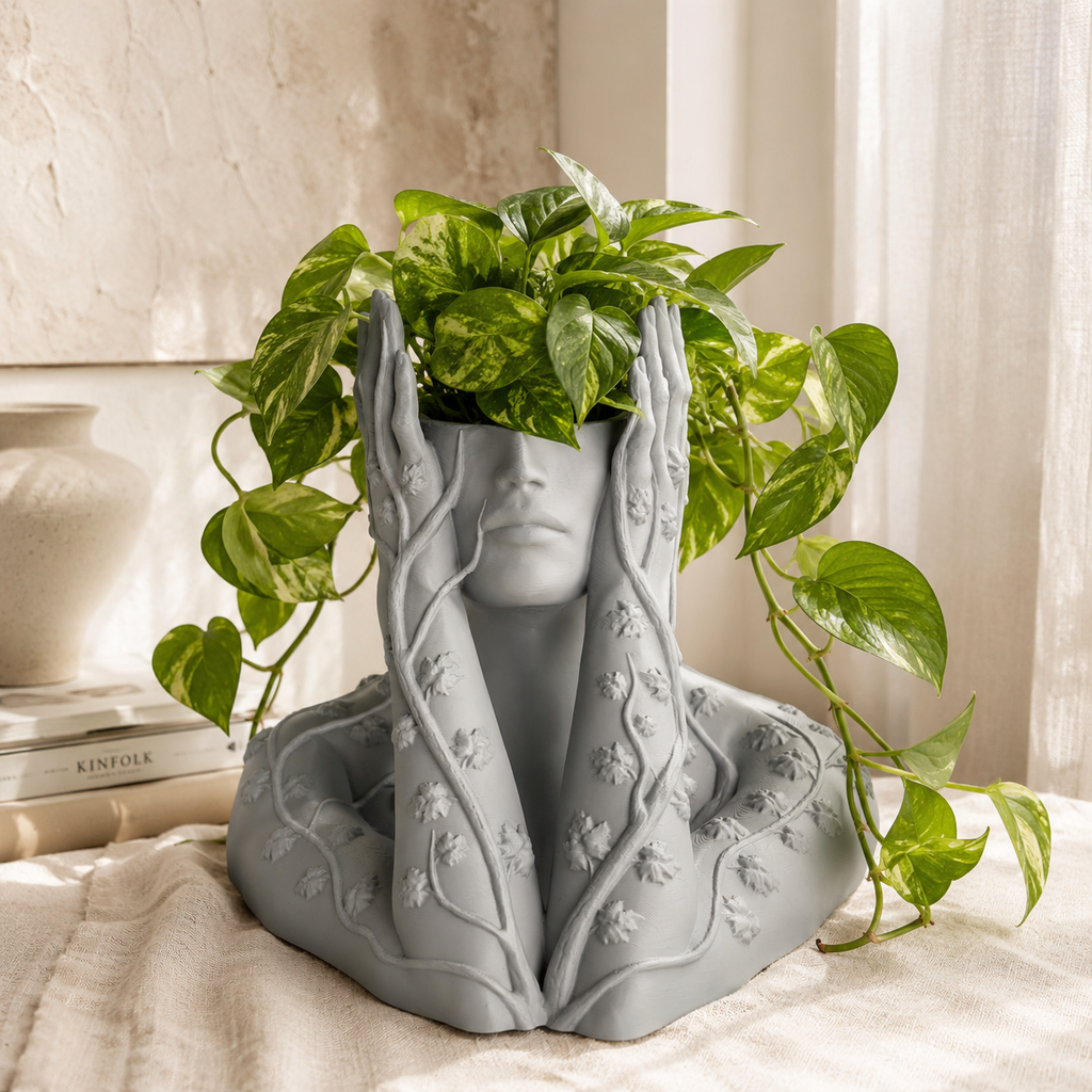 Artistic Face Planter with Floral Vine Details | 3D Printed Decorative Indoor Plant Pot