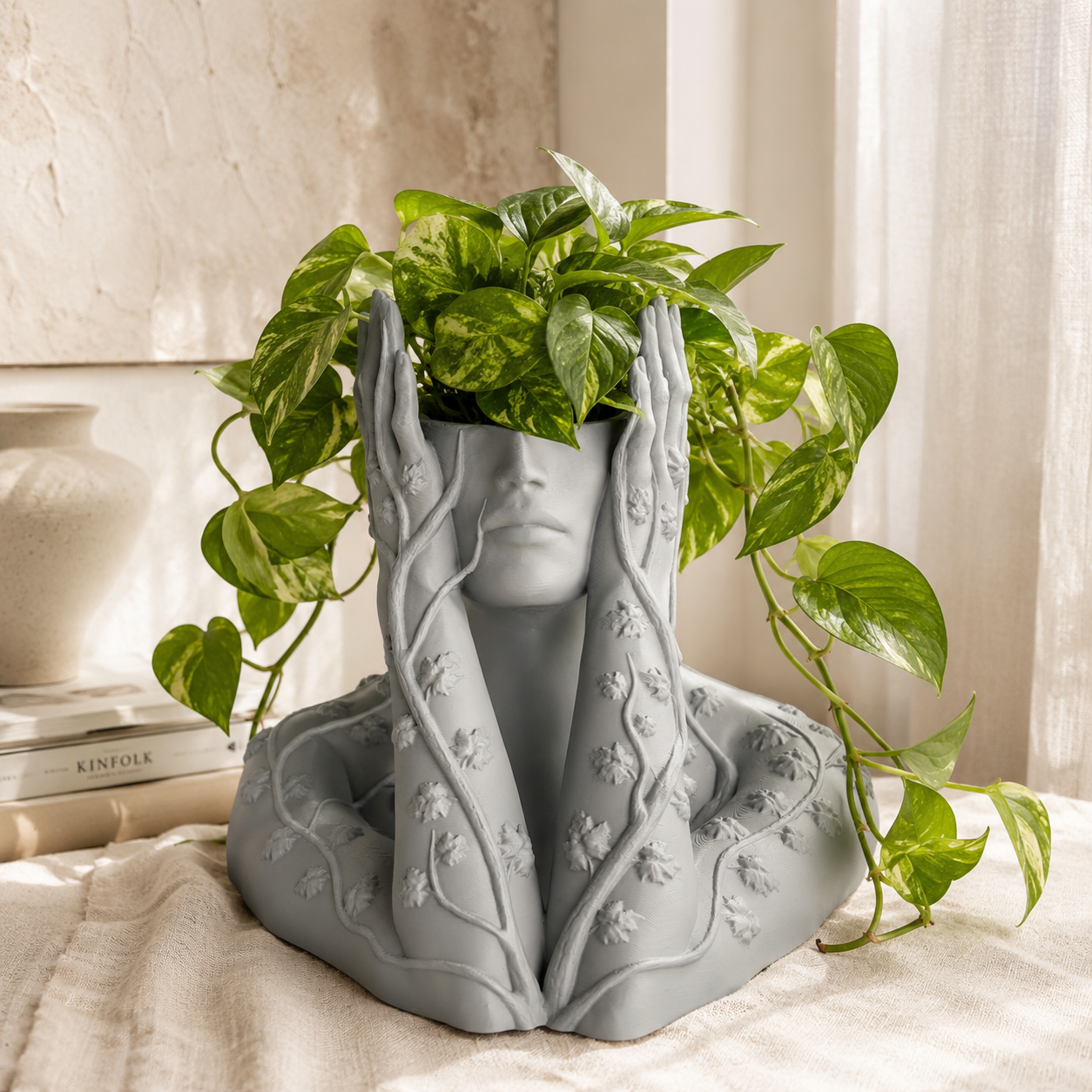 Artistic Face Planter with Floral Vine Details | 3D Printed Decorative Indoor Plant Pot