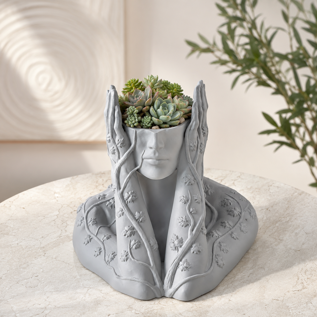 Artistic Face Planter with Floral Vine Details | 3D Printed Decorative Indoor Plant Pot